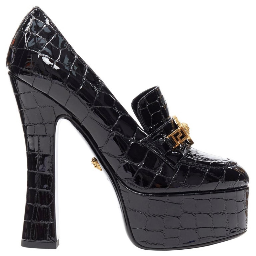 VERSACE AW18 Runway black croc gold Medusa chain loafer platform heel EU38